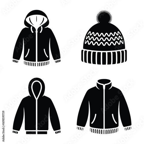 Four black winter apparel icons including hooded outerwear and a warm beanie