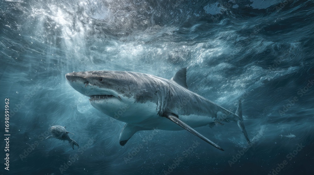 Naklejka premium a shark swimming in an underwater environment with bubbles from breathing, surrounded by deep blue ocean waters