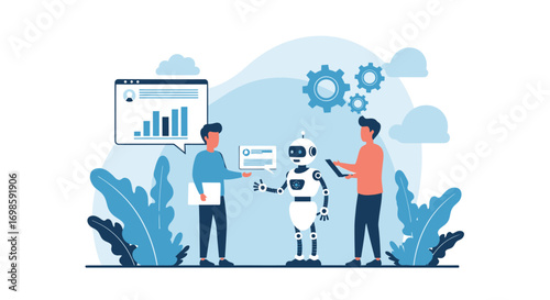Two men collaborate with a robot on data analysis, showcasing technological teamwork and innovation.