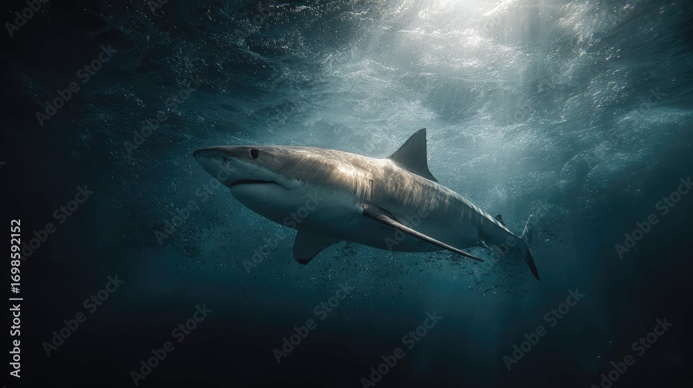 Fototapeta premium a shark swimming in an underwater environment with bubbles indicating movement