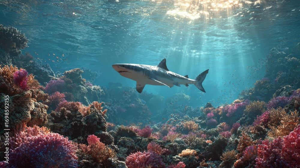 Fototapeta premium an underwater scene where a shark is swimming among coral reefs