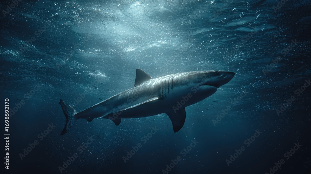 Fototapeta premium two great white sharks in their natural oceanic habitat. one of the sharks is swimming near the surface while the other is slightly deeper below
