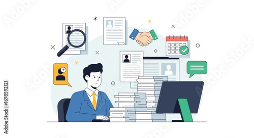 Businessman reviewing resumes, scheduling interviews, managing applications.