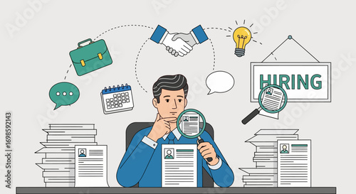 A businessman reviews resumes, surrounded by hiring-related elements, indicating a focus on recruitment.