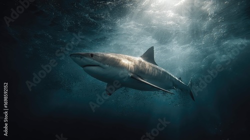 a shark swimming in an underwater environment with bubbles indicating movement