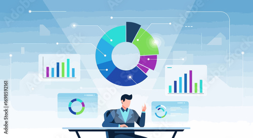 Businessman analyzing data charts and graphs on holographic displays.