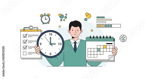 A man holding a clock and calendar surrounded by a clipboard, alarm clock, and progress bars, representing time management and organization.