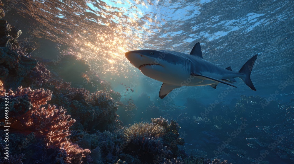 Fototapeta premium an underwater scene featuring a great white shark swimming among coral reefs. the shark is in motion, adding a sense of dynamism to the image