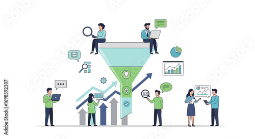 Business funnel illustration with diverse people interacting and growing metrics.