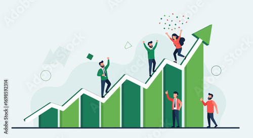 A team of diverse individuals celebrating success while ascending a growing financial graph.
