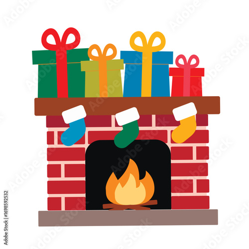 drawn fireplace in a festive style. A fire is burning in the fireplace, creating a cozy atmosphere. There are gifts on the shelf, and Christmas socks are hanging on top.
