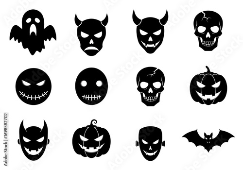 Halloween Scary Icons Set – Ghost, Skull, Pumpkin, Bat, and Monster Faces
