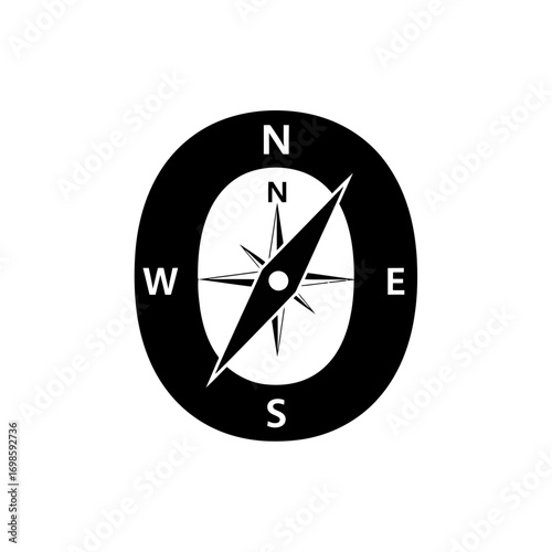 Black compass silhouette with cardinal directions isolated on white background
