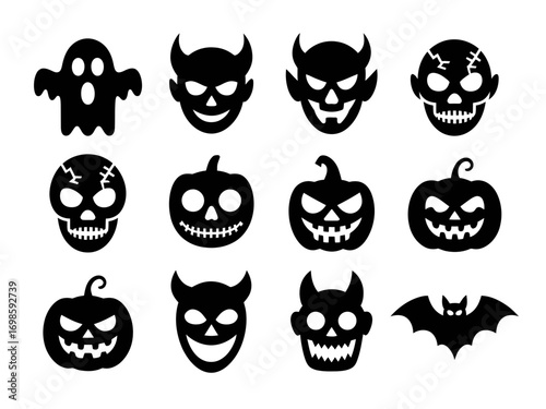 Halloween Scary Icons Set – Ghost, Skull, Pumpkin, Bat, and Monster Faces