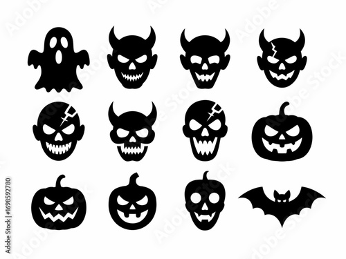 Halloween Scary Icons Set – Ghost, Skull, Pumpkin, Bat, and Monster Faces