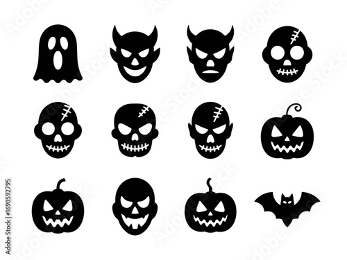 Halloween Scary Icons Set – Ghost, Skull, Pumpkin, Bat, and Monster Faces