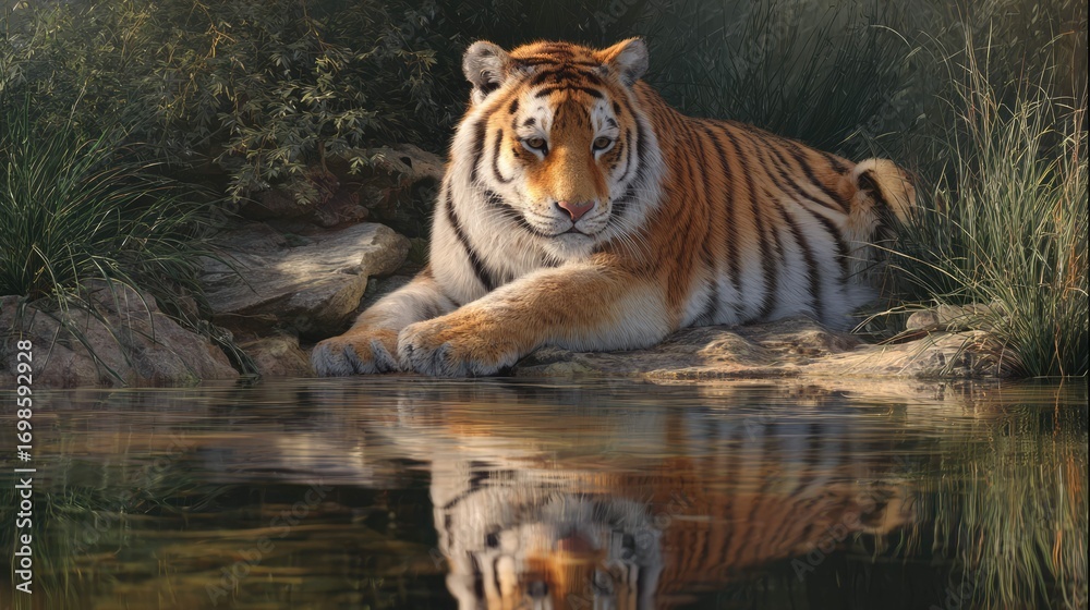 Naklejka premium a majestic tiger lying beside a tranquil body of water, its reflection visible on the surface