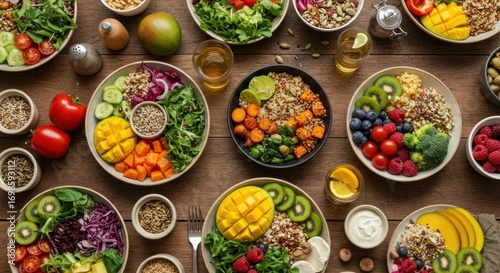 Overhead view of colorful bowls with healthy ingredients