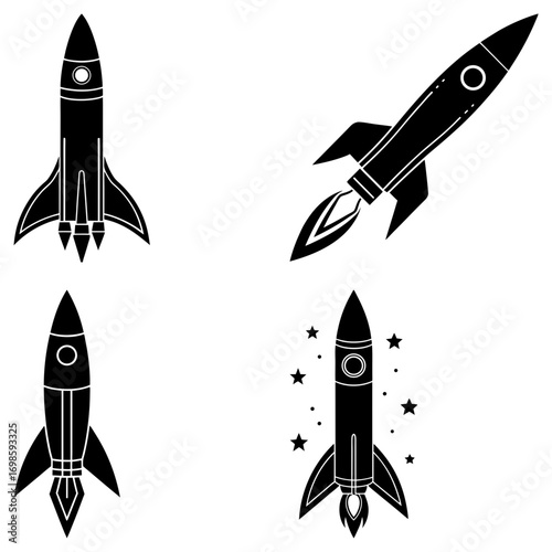 Four black and white rocket ships in various designs and orientations on a white background simple illustration