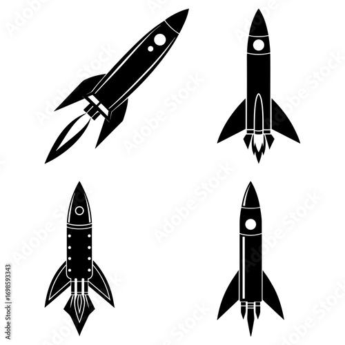 Four black and white rocket ships in different designs and orientations on a white background image art