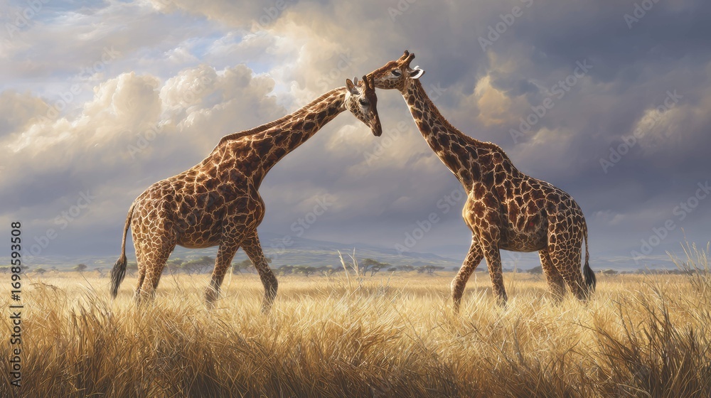 Obraz premium in this serene image, two majestic giraffes are depicted in a natural habitat. they stand side by side in a field of tall grass, their long necks reaching towards the sky