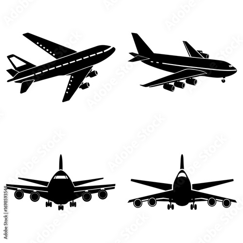 Four black airplane silhouettes in different views on a white background showcasing aviation design style
