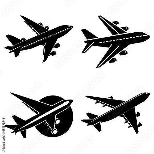 A collection of four airplane silhouettes in various flying positions against a white background plane theme 100