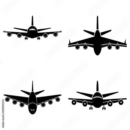 Four airplane silhouettes facing forward with wings and multiple engines on a white background view