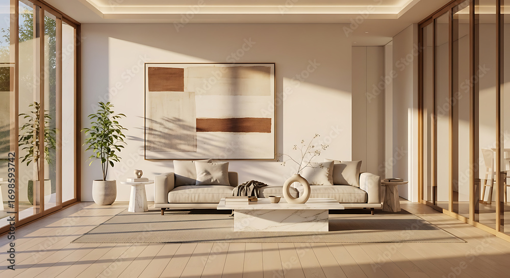 Fototapeta premium Serene Minimalist Living Room: Warm Sunlight, Neutral Tones, Modern Sofa