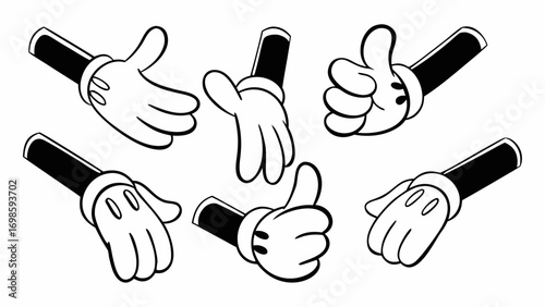 Cartoon hands in various poses with white gloves and black sleeves are scattered on a white background created with generated ai 