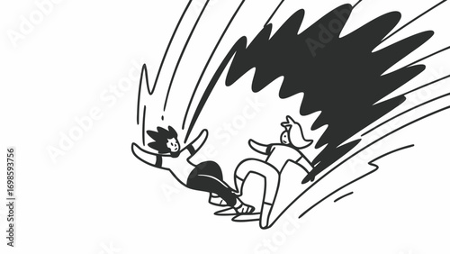 Two figures snowboarding down a slope with dynamic lines and a dark cloud above them in monochrome style created with generated ai 