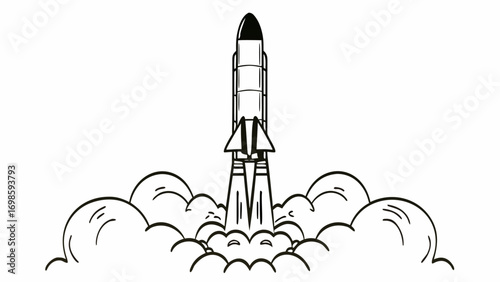 Illustration of a rocket launching with smoke and flames in a black and white drawing style created with generated ai 