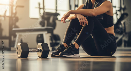 Fitness woman relaxing after workout with dumbbells in modern gym for health and wellness brands