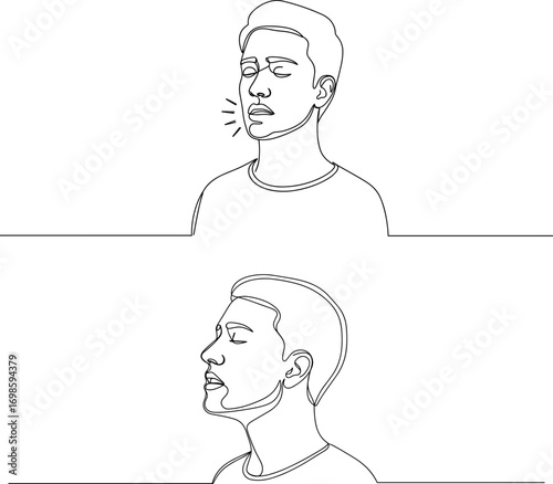 Line drawing of a man breathing, side profile with sound effects, concept of line style, transparent background  