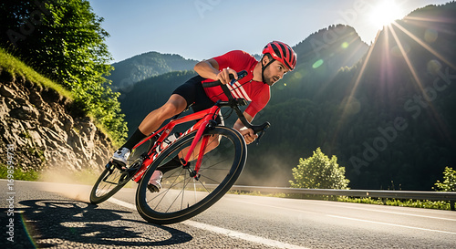 Dynamic Cyclist on Mountain Road:  Sunrise, Red Jersey, Intense Effort, Professional Athlete