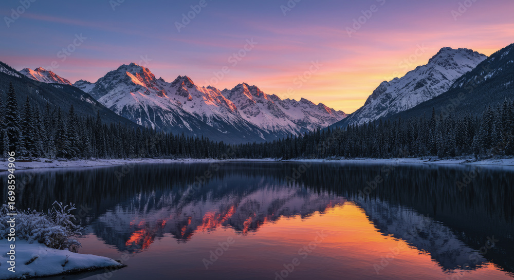 Fototapeta premium Snowy mountains reflect lake sunset colors