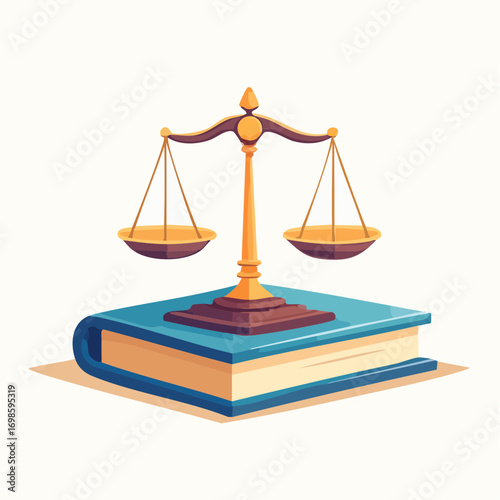 Symbol of Justice: Golden scale balanced atop a monumental law book illustration