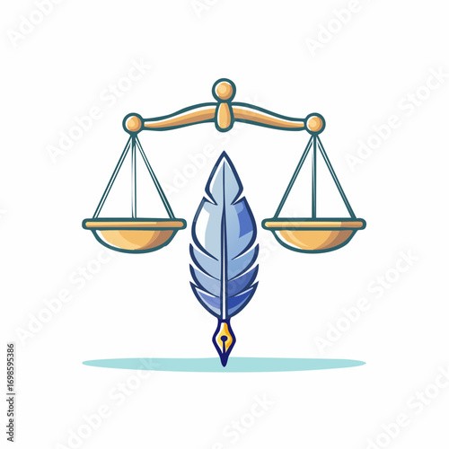 Symbolic balance: Conceptualizing justice through a feather pen and scales illustration