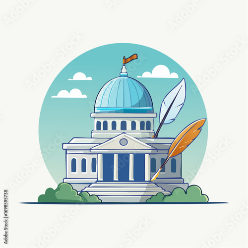 Symbolic representation of governance history illustrated by a historic building with writing quill