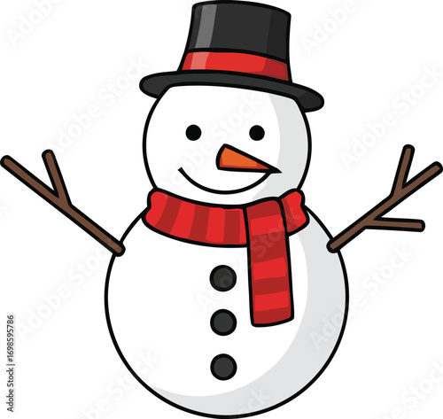 A cheerful cartoon snowman wearing a hat and scarf, perfect for winter holiday designs