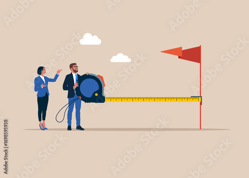 Entrepreneurs using measuring tape to measure business goal and analyze distance from target flag. Precision and accuracy in measurements and calculations. Flat vector illustration