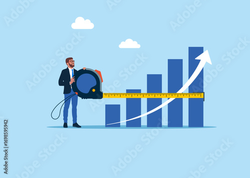 Businessman hold measure tape and measure success growth graph with measuring tape. Flat vector illustration