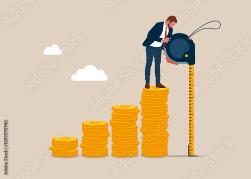 Businessman using measuring tape to measure money coins stack height. Growth in investment, financial operations, investment. Accuracy and measurement. Flat vector illustration