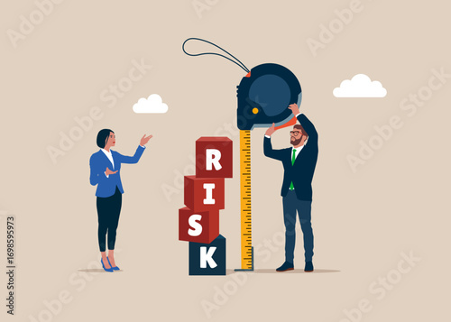 Business people hold measure tape and measure cubic on stack with the word RISK. Risk management, control or assess to lose money in investing. Vector illustration