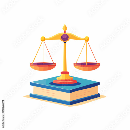 Symbolic scales of justice resting atop a conceptual book foundation illustration