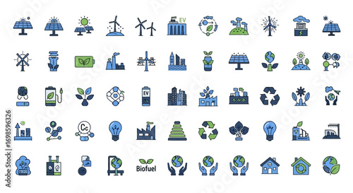Collection of diverse icons depicting sustainable energy, environmental conservation, and eco-friendly technologies.