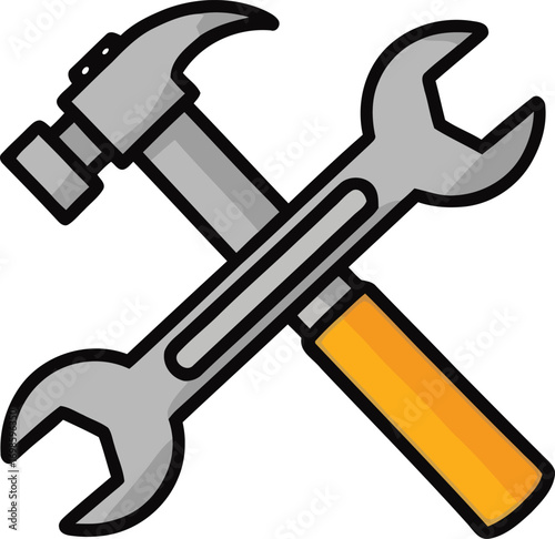 Colorful cartoon illustration of crossed hammer and wrench tools, representing construction, repair, and maintenance work