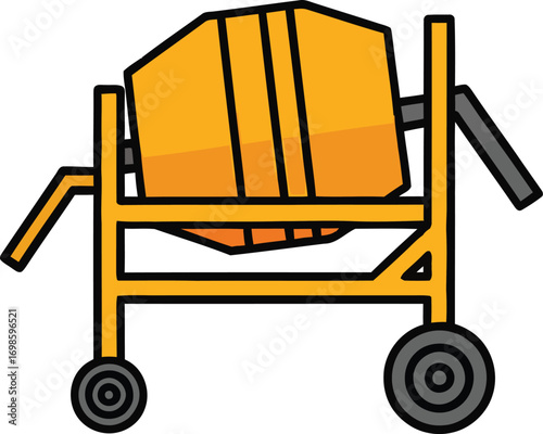 Construction color illustration of a portable cement mixer machine on wheels, an isolated vector graphic for industry design