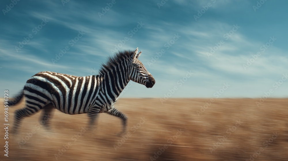 Fototapeta premium A zebra is running across a field with a blue sky in the background
