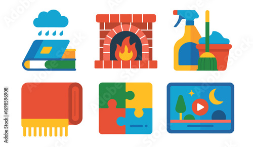 Seasonal Lifestyle Icon Pack,  Flat Vector Set Depicting Rainy Day Reading, Winter Fireplace, Summer Games, Spring Cleaning, Cozy Blanket, Puzzles, Baking, and Indoor Movie Activities